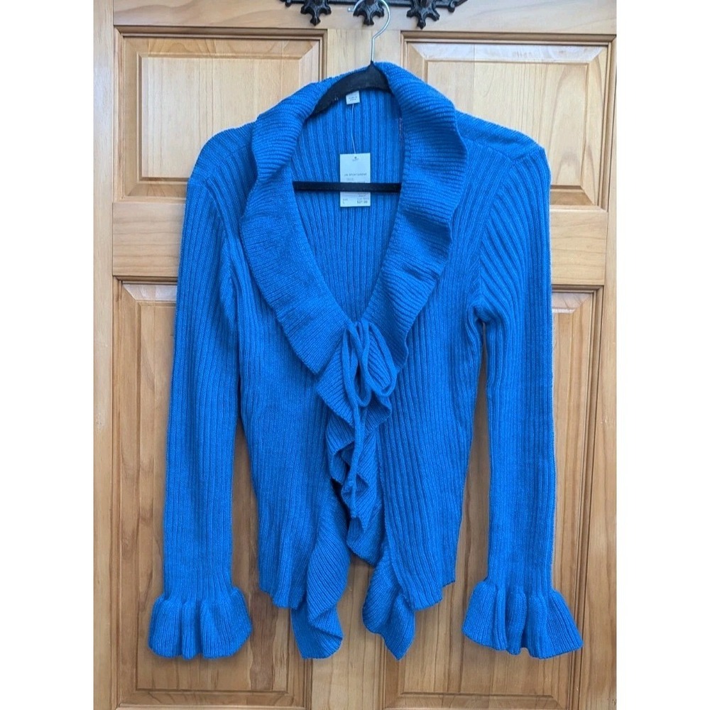 Cato Women's‎ Sweater Large NEW Royal Blue Tie Closure Ruffled Front and Cuffs